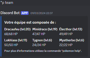 Image montrant le message qui affiche l'équipe pokémon d'un joueur